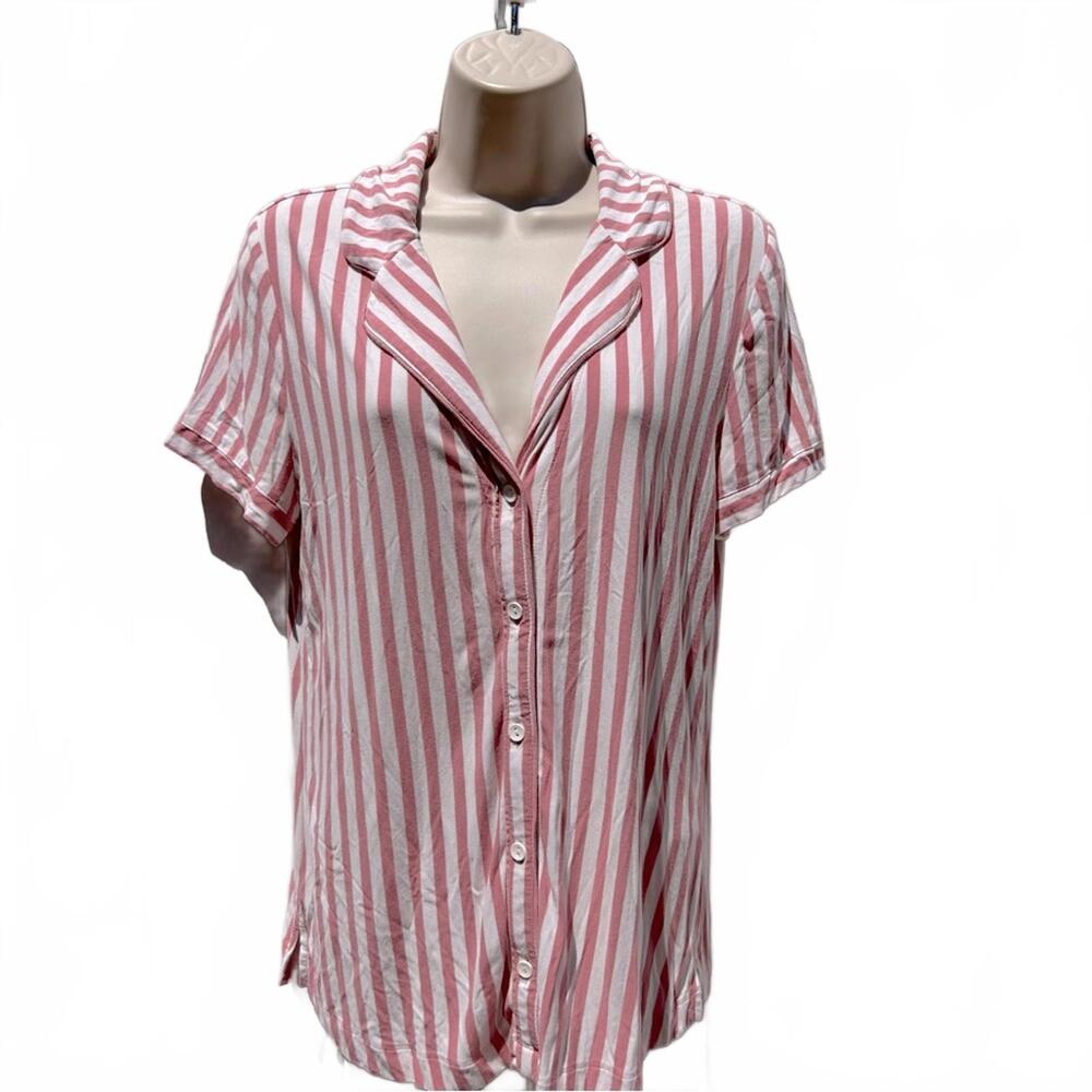 SOMA Cool Nights Pink & White Striped Short Sleeve Sleep Shirt | Size Medium